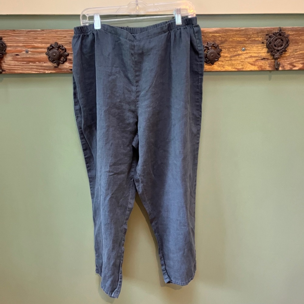 FLAX Women Large Blue Gray 100% Linen Elastic Waist Cropped Lagenlook Pants